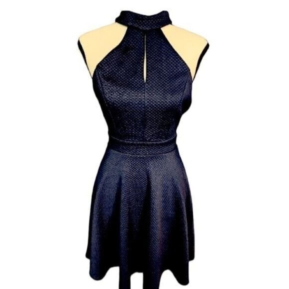 Altar'd State Black Textured Fit & Flare Halter Lace Back Skater Dress Small
